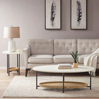Oval Coffee Table, White Top & Natural Shelf, Metal Base