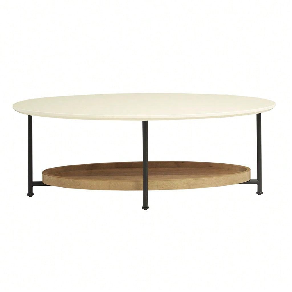 Oval Coffee Table, White Top & Natural Shelf, Metal Base