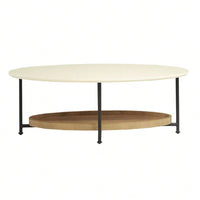 Oval Coffee Table, White Top & Natural Shelf, Metal Base
