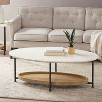 Oval Coffee Table, White Top & Natural Shelf, Metal Base