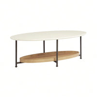 Oval Coffee Table, White Top & Natural Shelf, Metal Base
