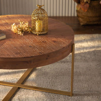 Modern Retro Splicing Round Coffee Table, Fir Wood Table Top With Black Cross Legs Base