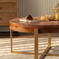 Modern Retro Splicing Round Coffee Table, Fir Wood Table Top With Black Cross Legs Base