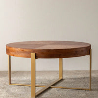 Modern Retro Splicing Round Coffee Table, Fir Wood Table Top With Black Cross Legs Base