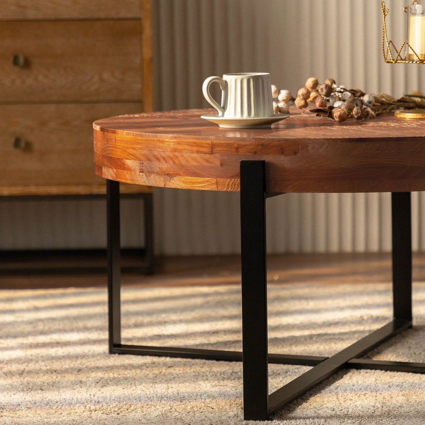 Modern Retro Splicing Round Coffee Table, Fir Wood Table Top With Black Cross Legs Base