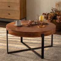 Modern Retro Splicing Round Coffee Table, Fir Wood Table Top With Black Cross Legs Base