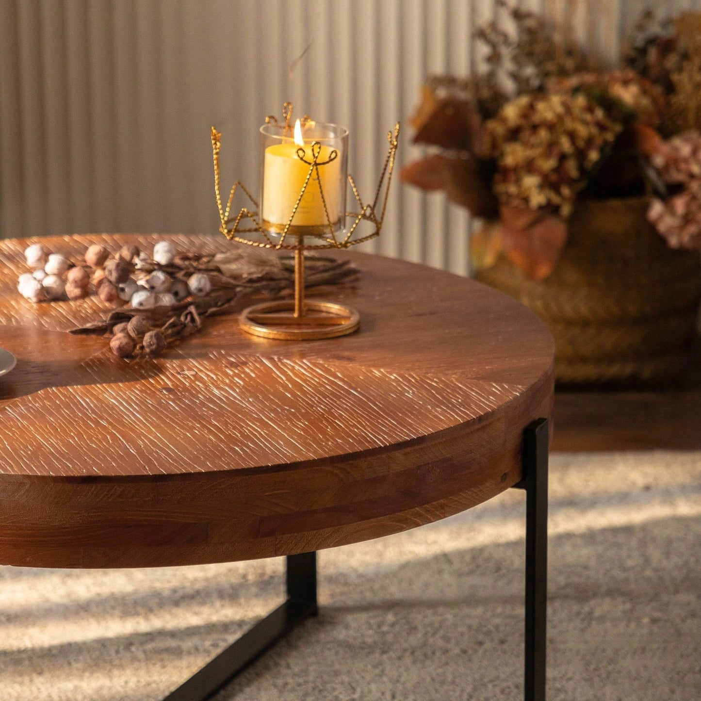 Modern Retro Splicing Round Coffee Table, Fir Wood Table Top With Black Cross Legs Base