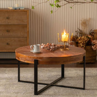Modern Retro Splicing Round Coffee Table, Fir Wood Table Top With Black Cross Legs Base