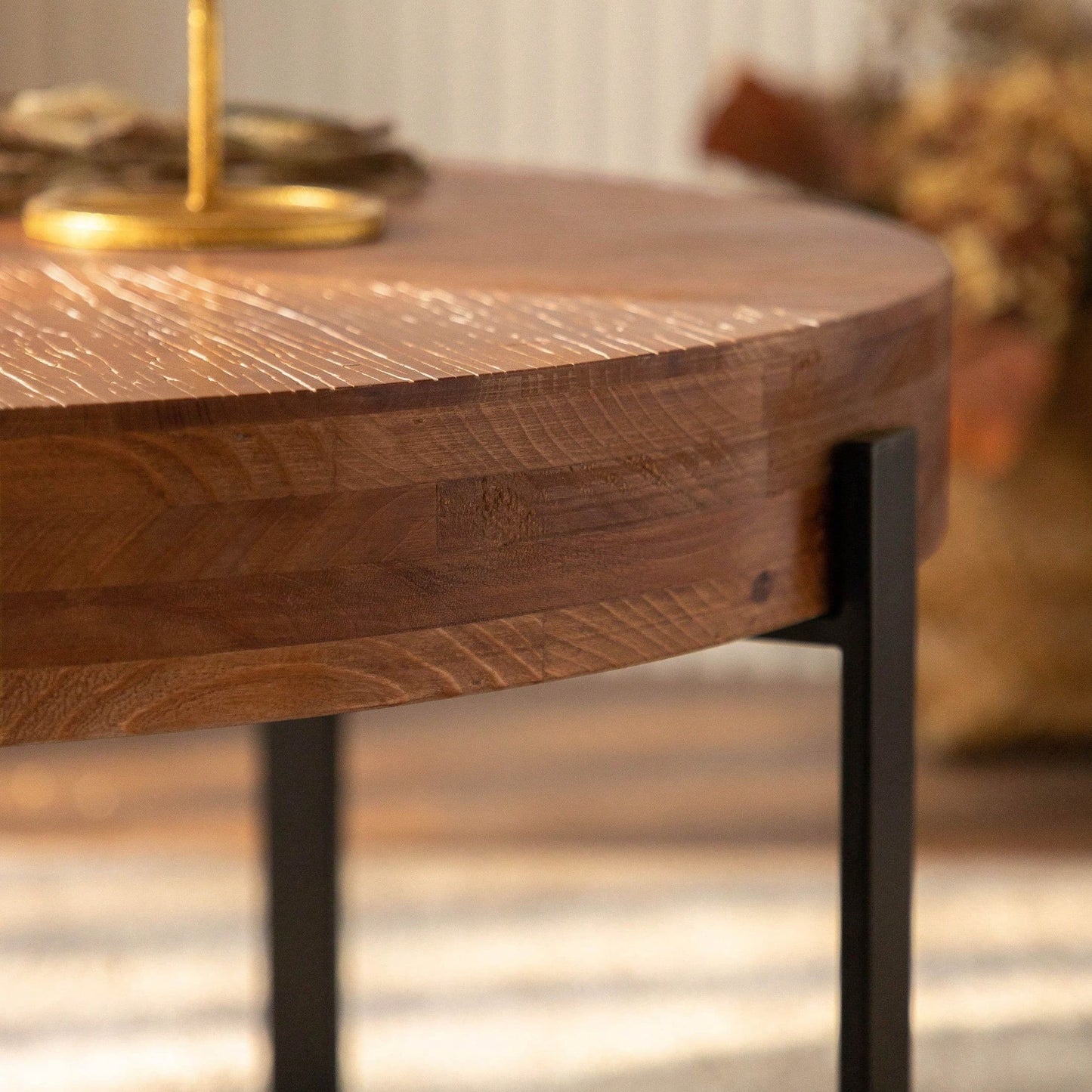 Modern Retro Splicing Round Coffee Table, Fir Wood Table Top With Black Cross Legs Base