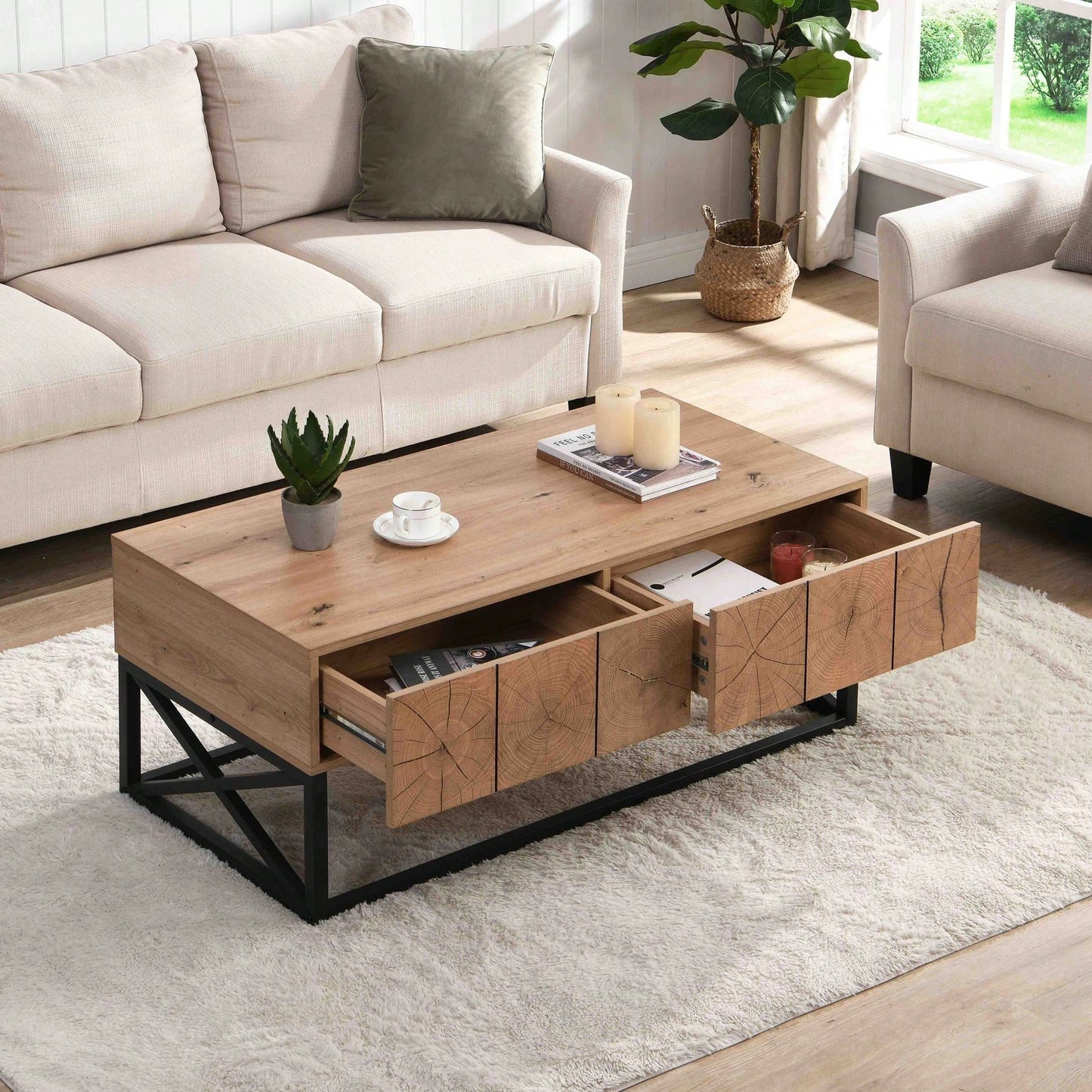 Luxury Coffee Table With Two Drawers, Industrial Coffee Table For Living Room, Bedroom & Office