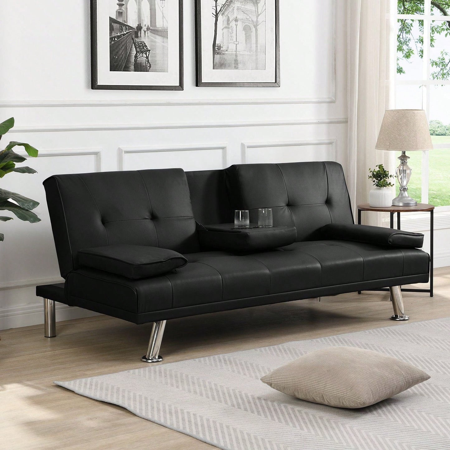 Sofa Bed With Armrest Two Holders WOOD FRAME, STAINLESS LEG, FUTON PVC