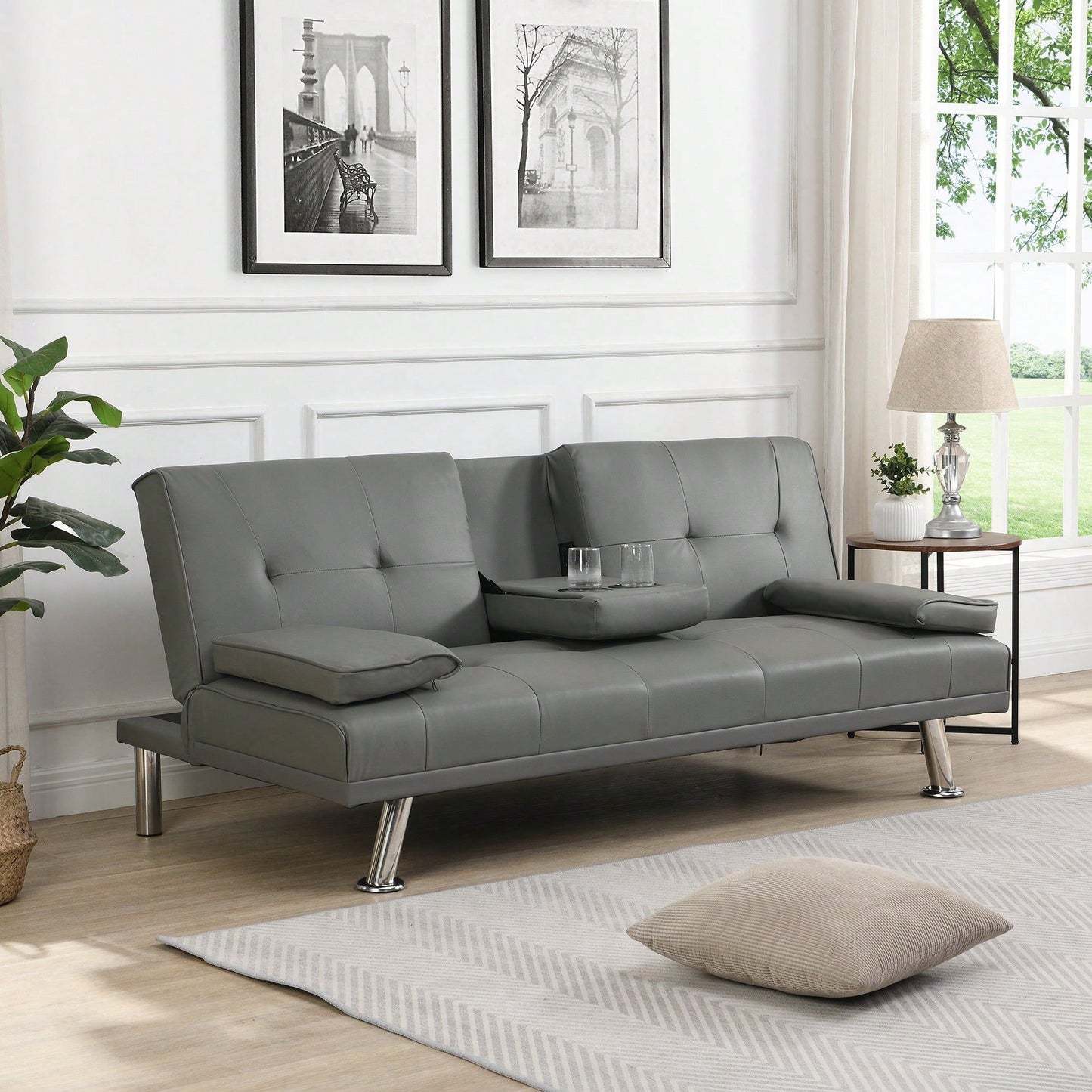 Sofa Bed With Armrest Two Holders WOOD FRAME, STAINLESS LEG, FUTON PVC