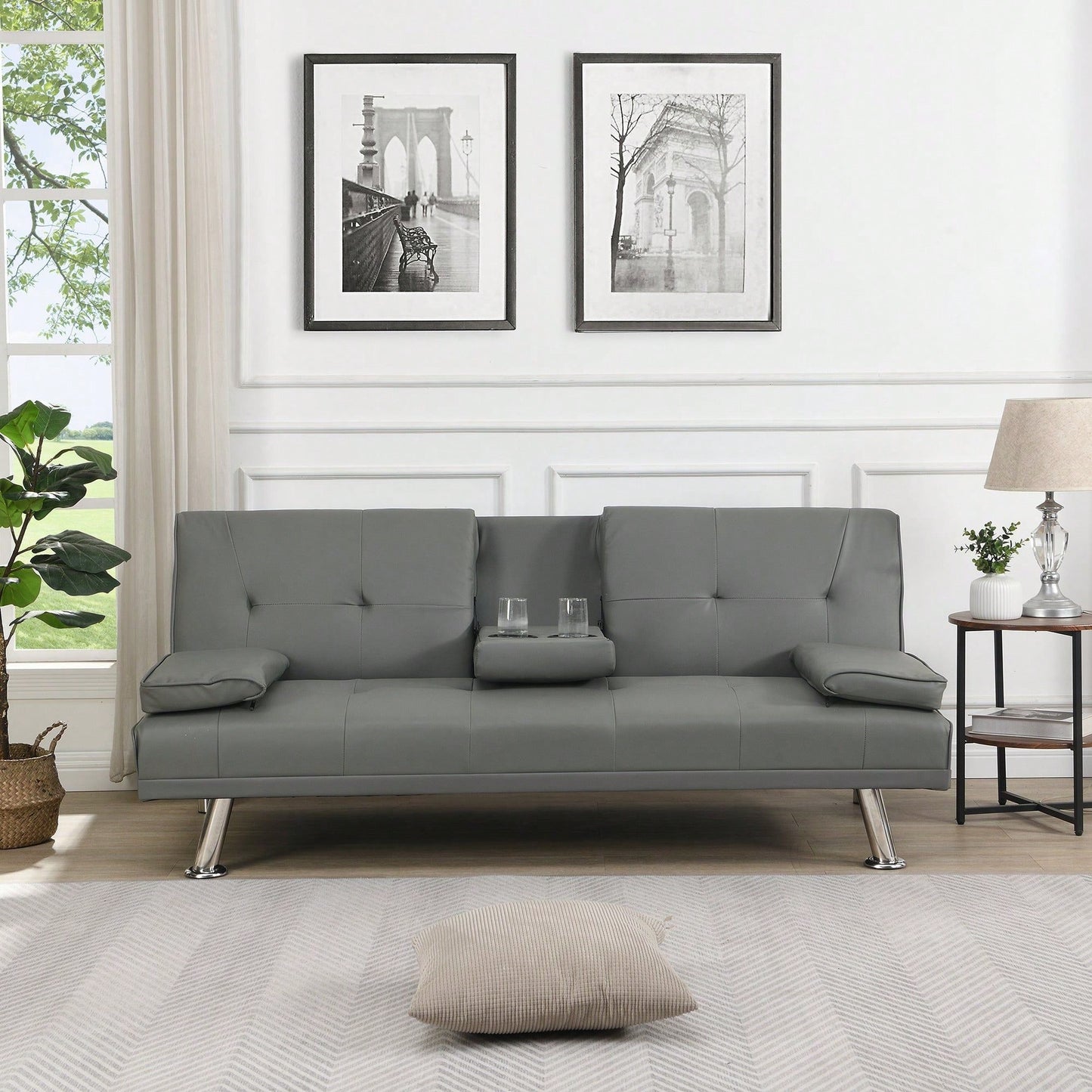 Sofa Bed With Armrest Two Holders WOOD FRAME, STAINLESS LEG, FUTON PVC