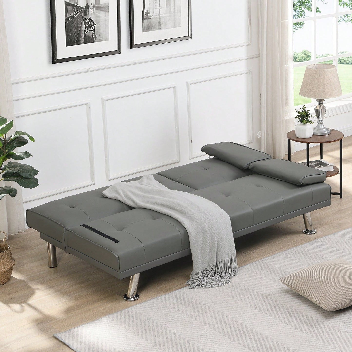 Sofa Bed With Armrest Two Holders WOOD FRAME, STAINLESS LEG, FUTON PVC