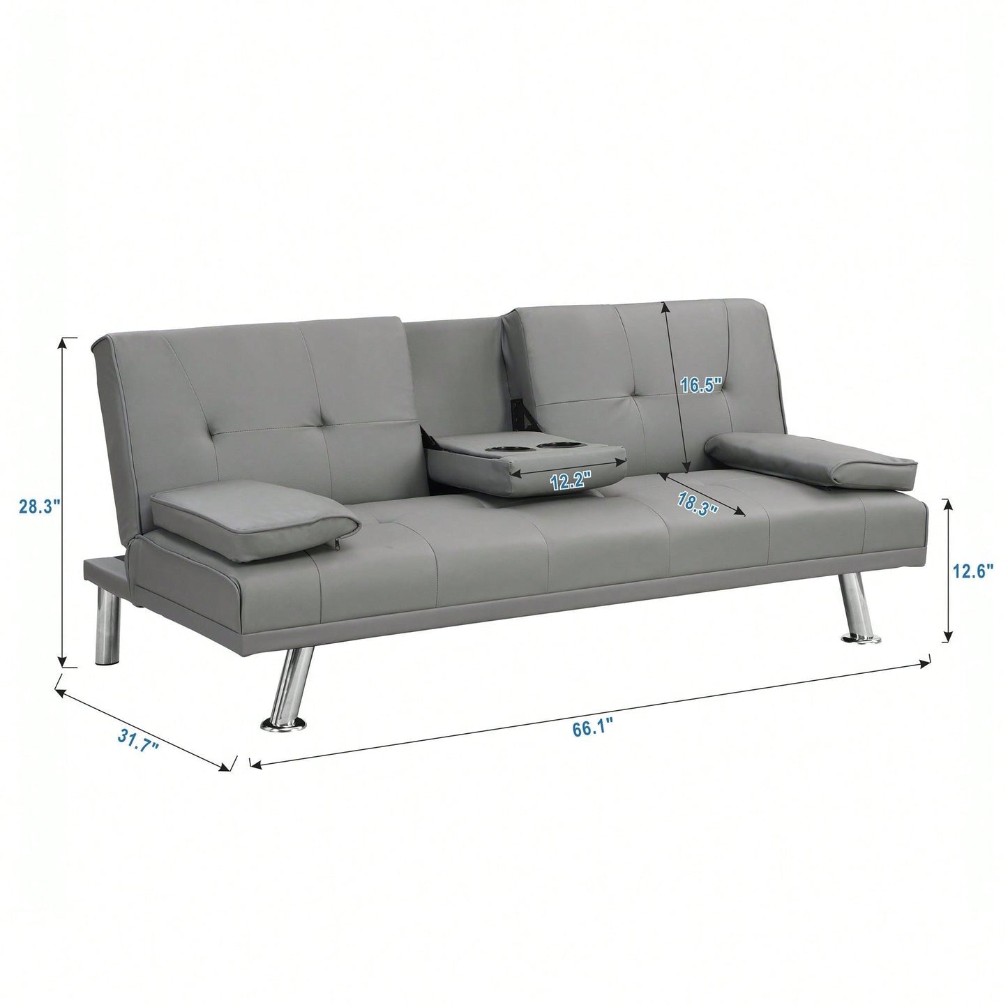 Sofa Bed With Armrest Two Holders WOOD FRAME, STAINLESS LEG, FUTON PVC