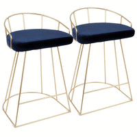 Contemporary-Glam Counter Stool In Gold With Blue Velvet - Set Of 2