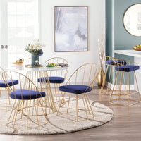 Contemporary-Glam Counter Stool In Gold With Blue Velvet - Set Of 2