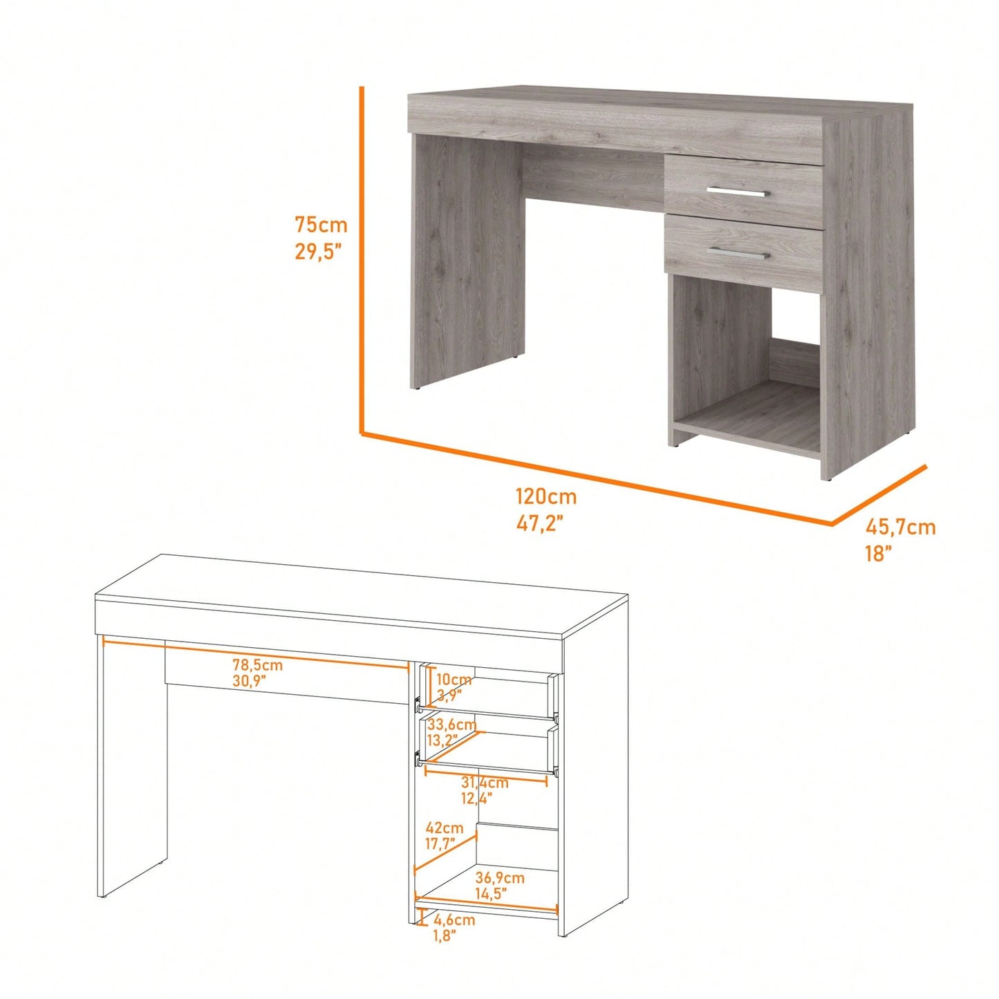 Computer Desk, Two Drawers, Light Grey Finish