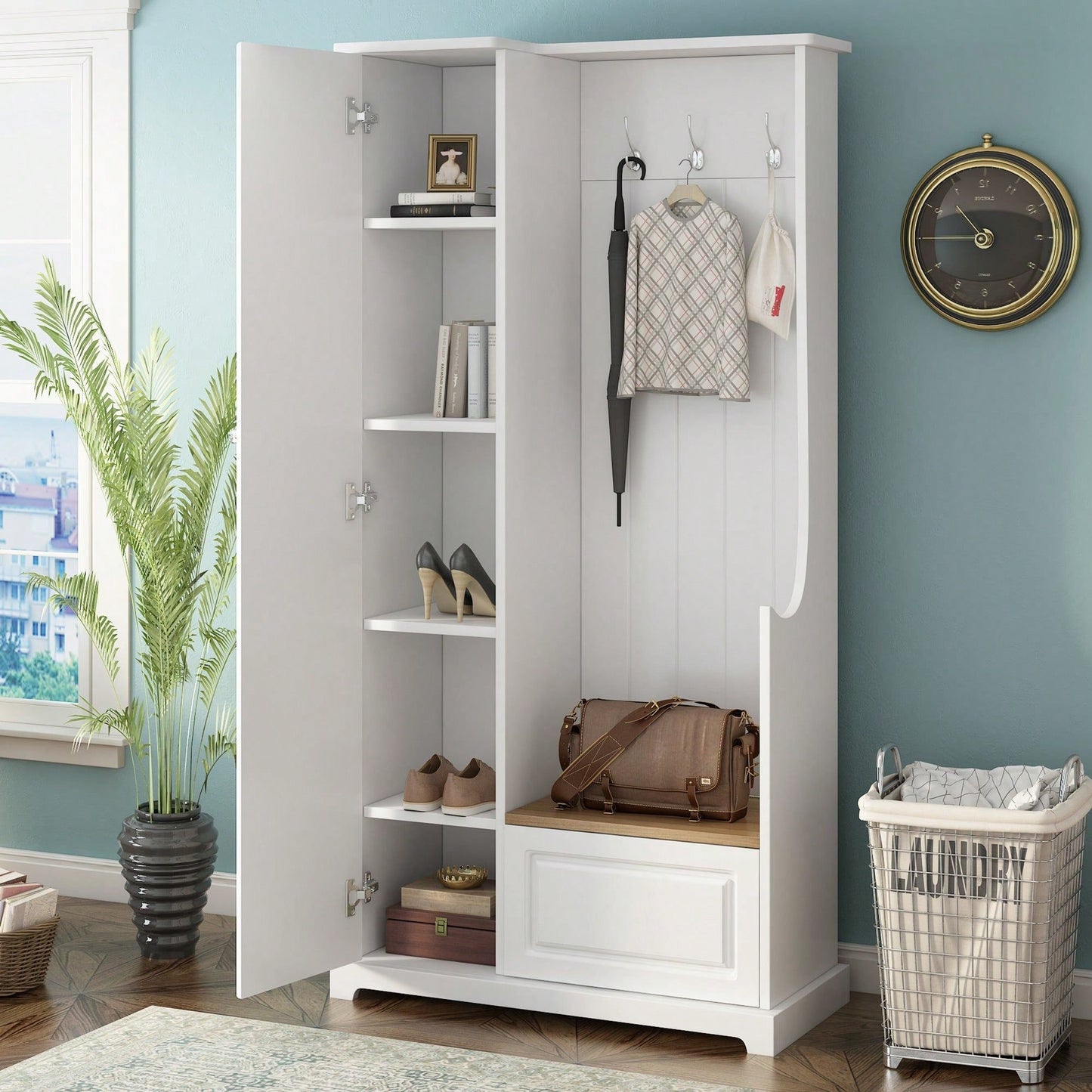 Minimalist Hall Tree with Flip-Up Bench and Adjustable Shelves for Entryway Storage and Organization