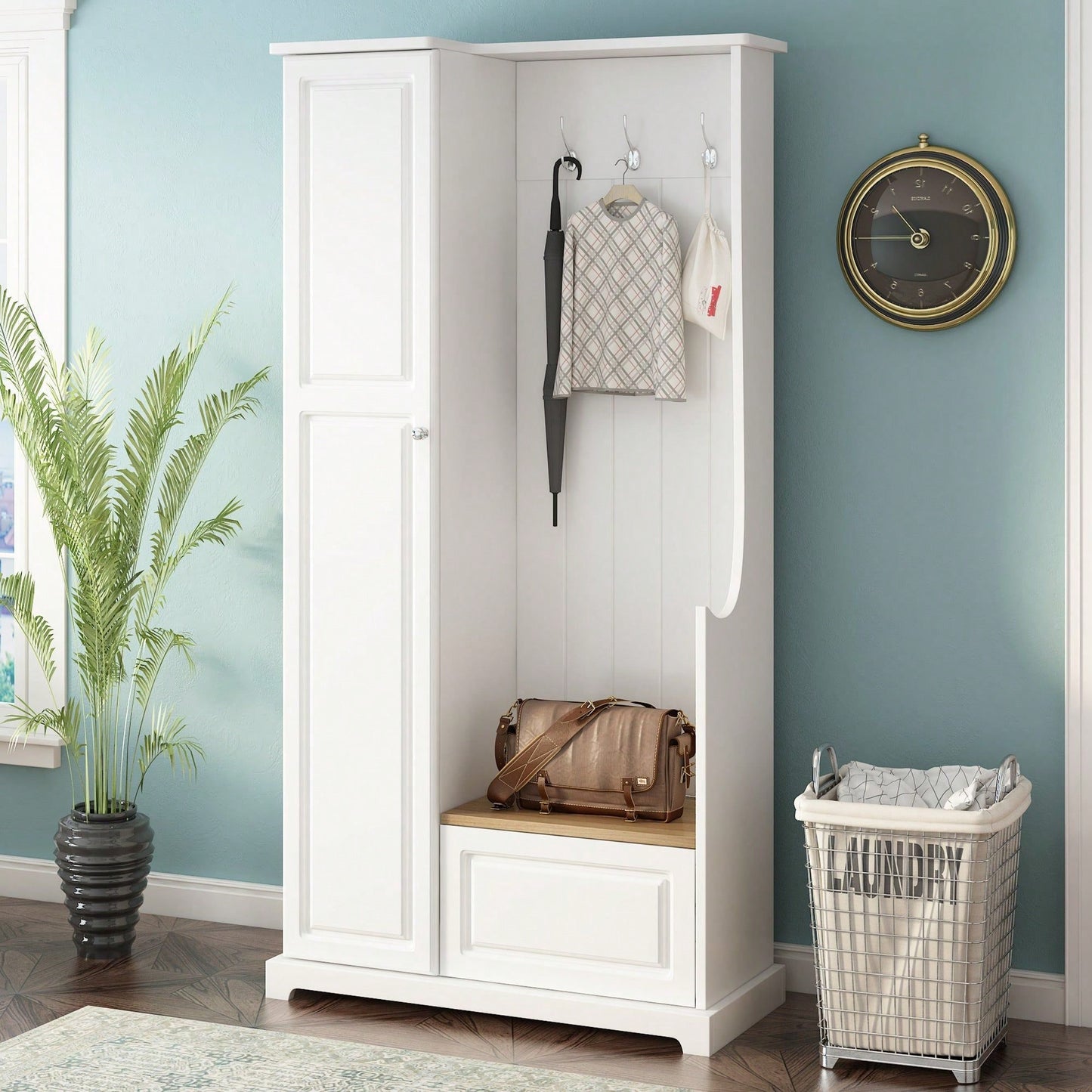 Minimalist Hall Tree with Flip-Up Bench and Adjustable Shelves for Entryway Storage and Organization