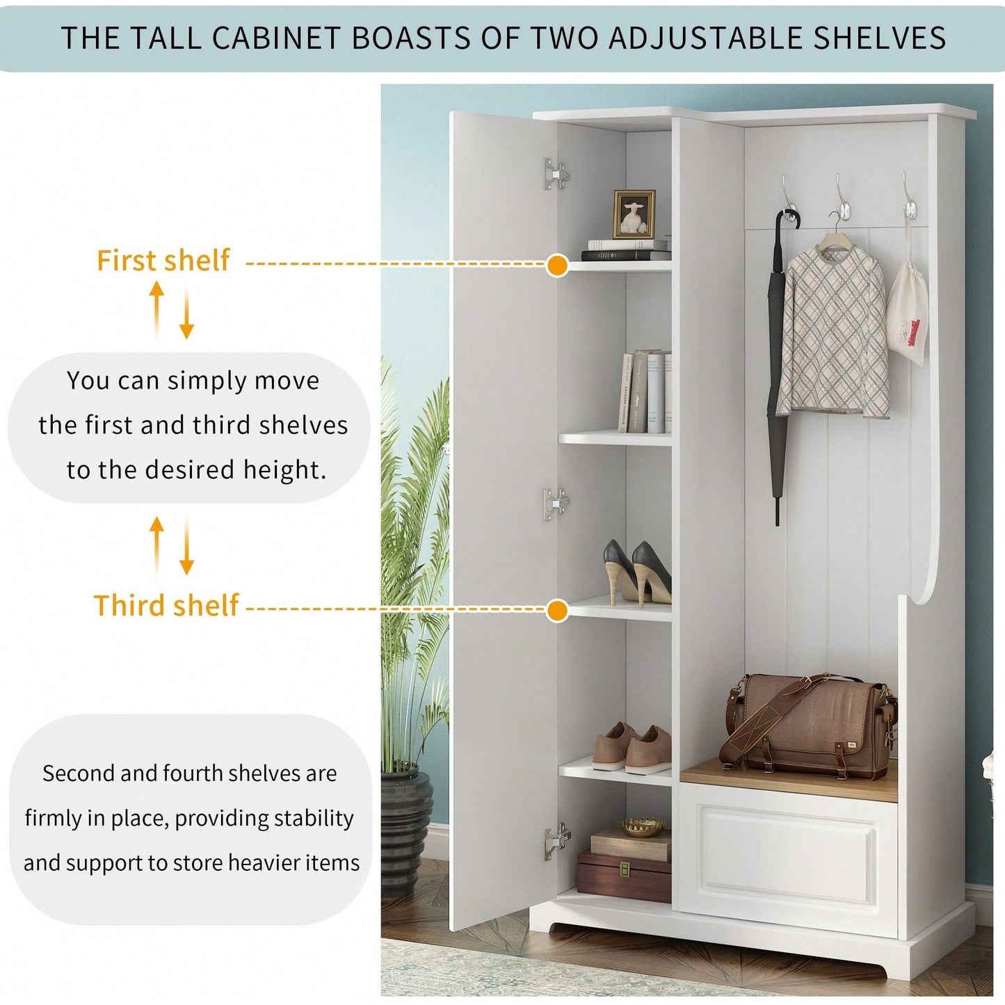 Minimalist Hall Tree with Flip-Up Bench and Adjustable Shelves for Entryway Storage and Organization