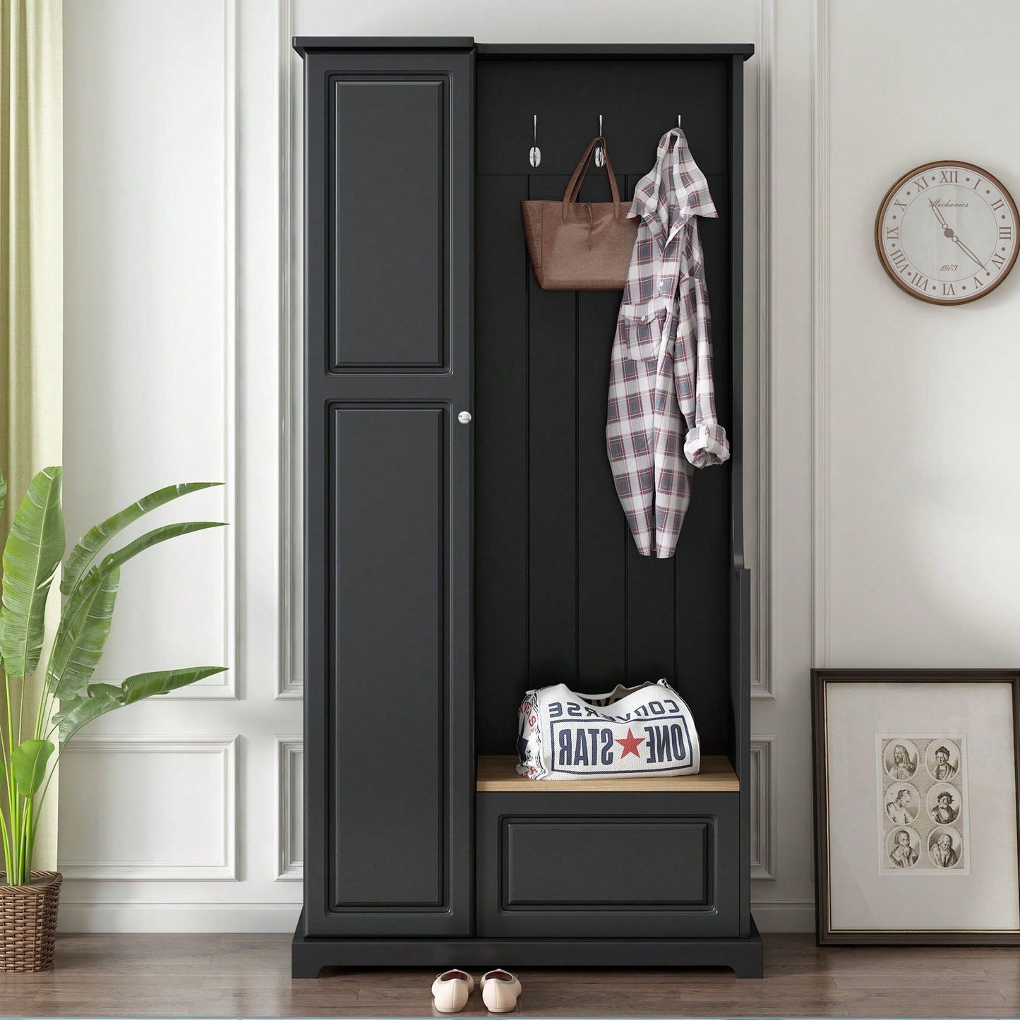 Minimalist Hall Tree with Flip-Up Bench and Adjustable Shelves for Entryway Storage and Organization