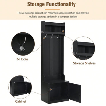 Sleek Minimalist Hall Tree with Storage Cabinet and 6 Hooks for Entryway and Living Room