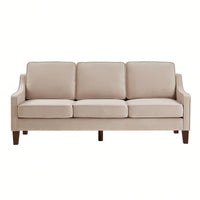 3 Seater Sofa With Scooped Armrest,Upholstered Velvet Cushion Sofa With Wooden Legs