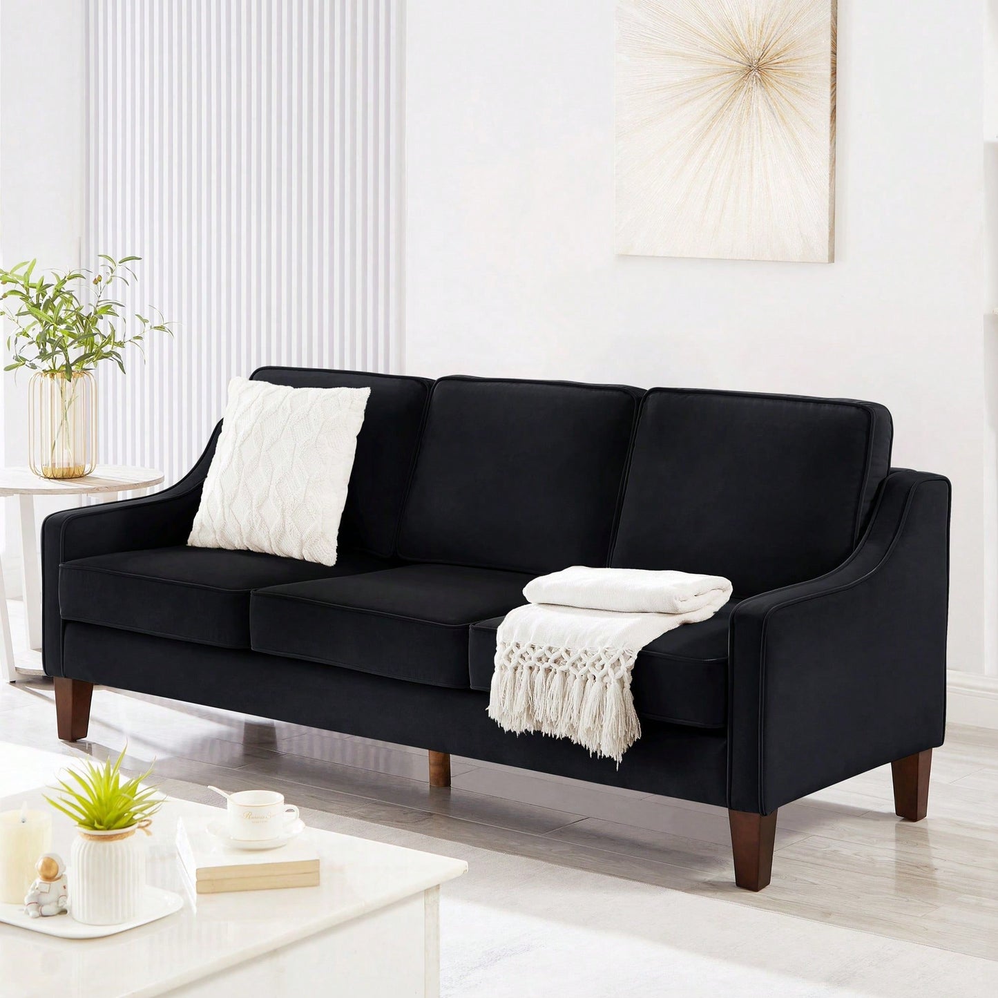 3 Seater Sofa With Scooped Armrest,Upholstered Velvet Cushion Sofa With Wooden Legs