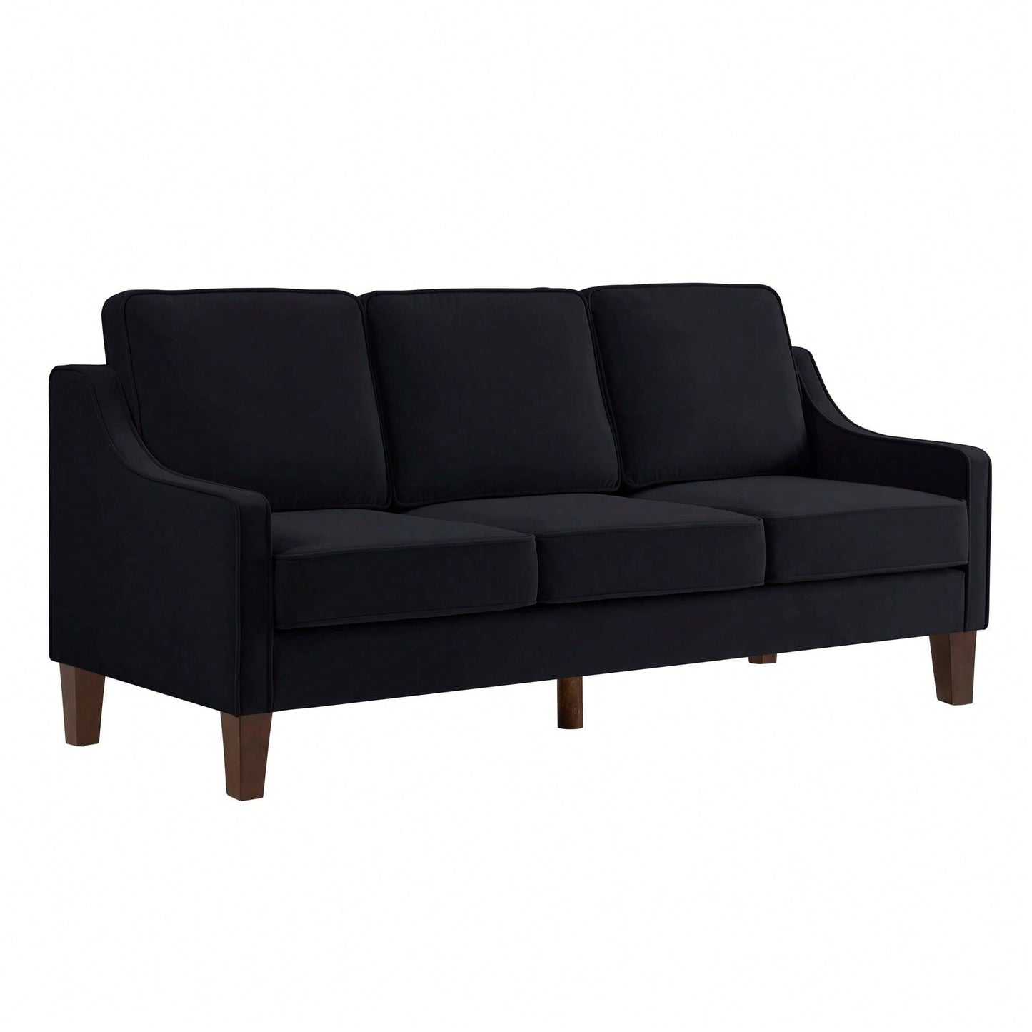 3 Seater Sofa With Scooped Armrest,Upholstered Velvet Cushion Sofa With Wooden Legs