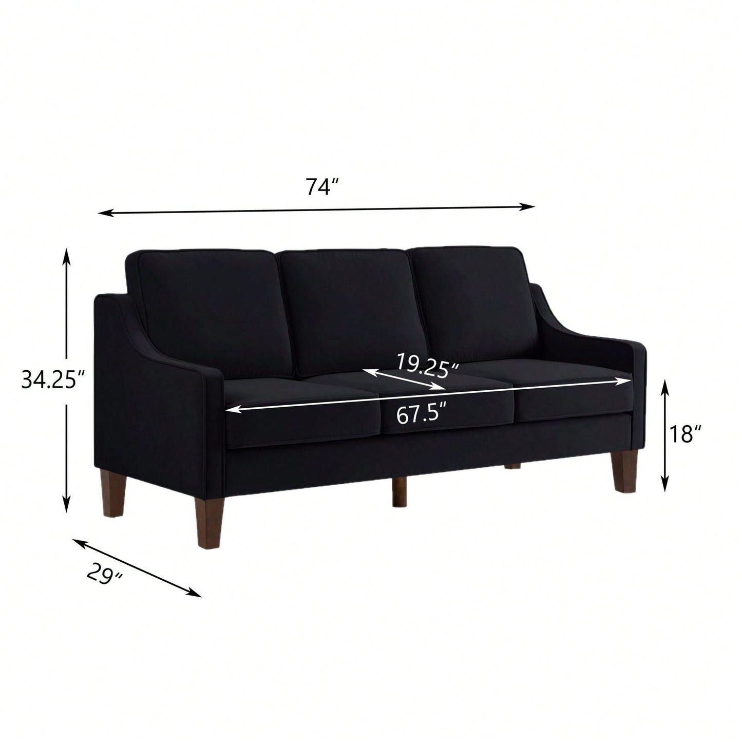 3 Seater Sofa With Scooped Armrest,Upholstered Velvet Cushion Sofa With Wooden Legs