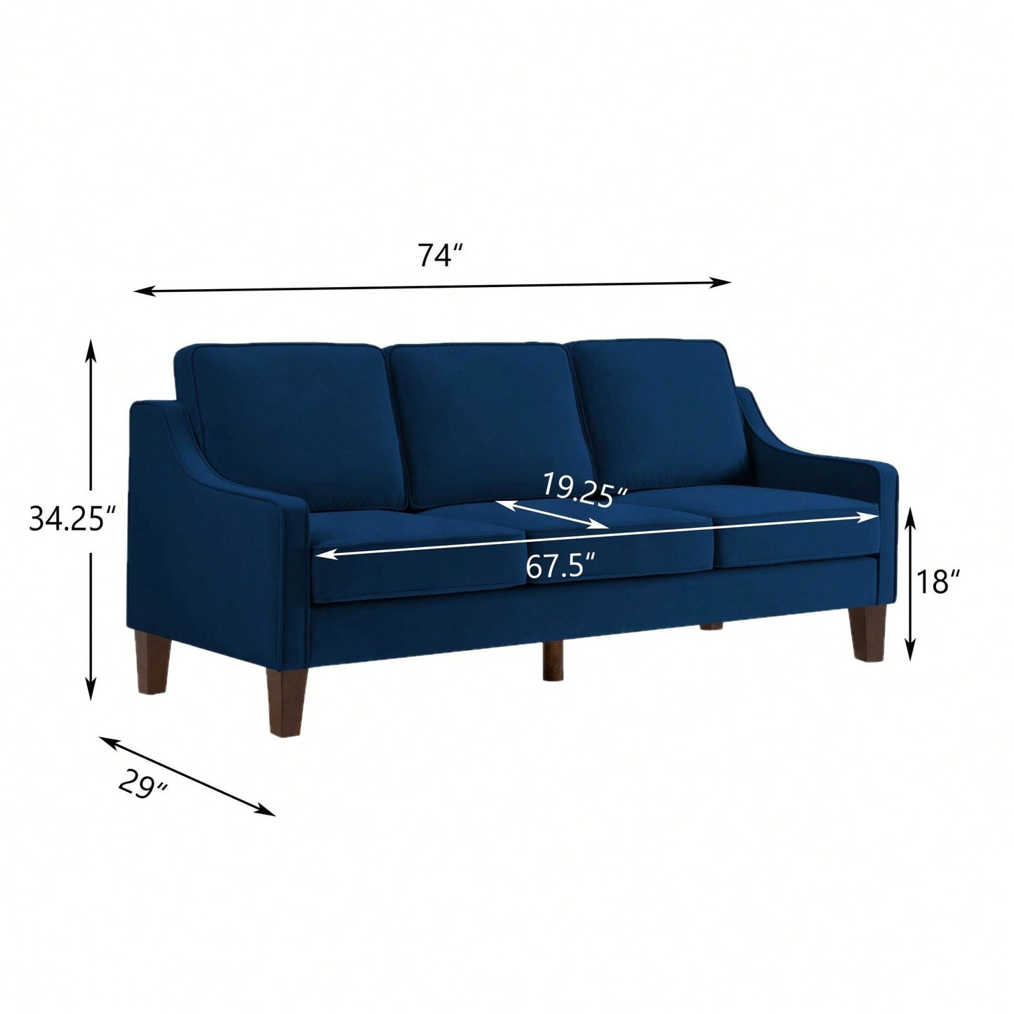 3 Seater Sofa With Scooped Armrest,Upholstered Velvet Cushion Sofa With Wooden Legs