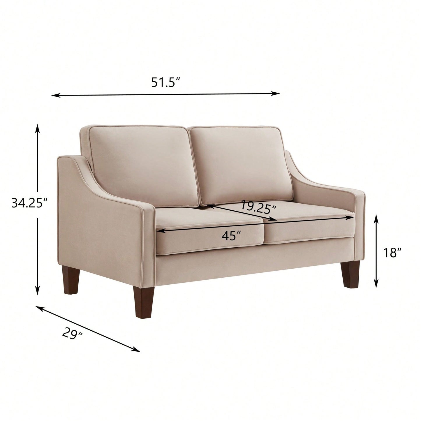 Modern Loveseat Sofa For Living Room, Upholstered Velvet Small Couch With Wooden Legs For Livingroom Bedroom