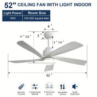 52 Inch Indoor Ceiling Fan With 120V Dimmable 5 Solid Wood Blades Remote Control Reversible DC Motor With Led Light Minimalist Style