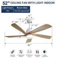 52 Inch Indoor Ceiling Fan With 120V Dimmable 5 Solid Wood Blades Remote Control Reversible DC Motor With Led Light Minimalist Style