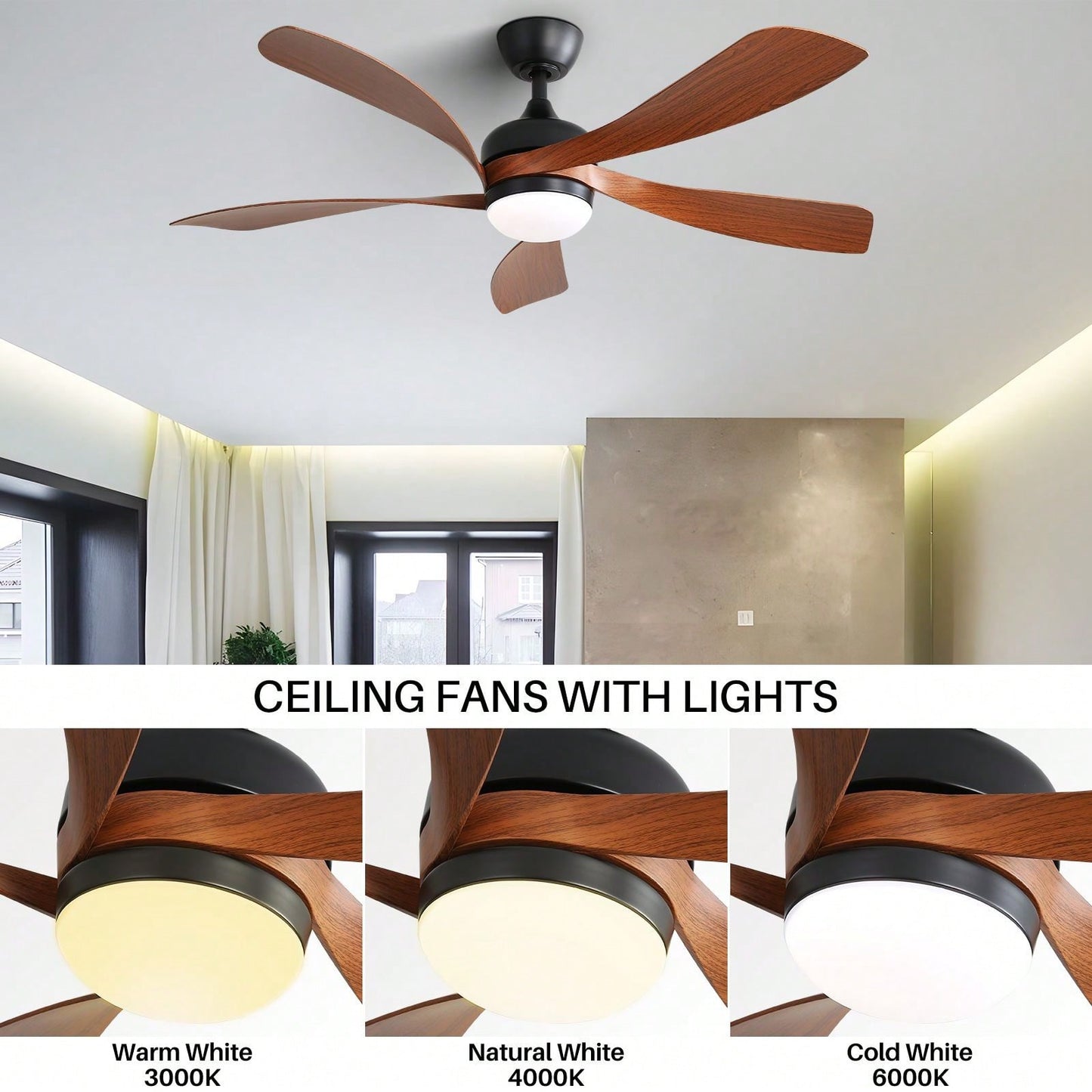 52 Inch Indoor Ceiling Fan With 3 Color Dimmable 5 ABS Blades Remote Control Reversible DC Motor  With Led Light
