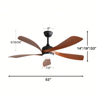 52 Inch Indoor Ceiling Fan With 3 Color Dimmable 5 ABS Blades Remote Control Reversible DC Motor  With Led Light