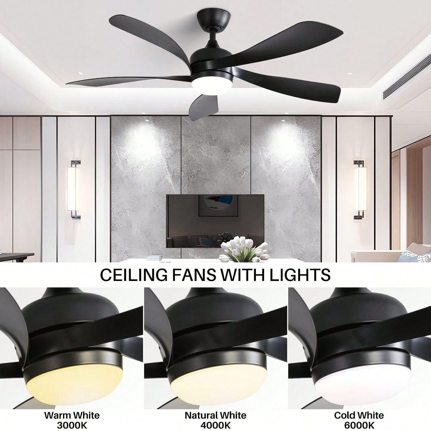 52 Inch Indoor Ceiling Fan With 3 Color Dimmable 5 ABS Blades Remote Control Reversible DC Motor  With Led Light