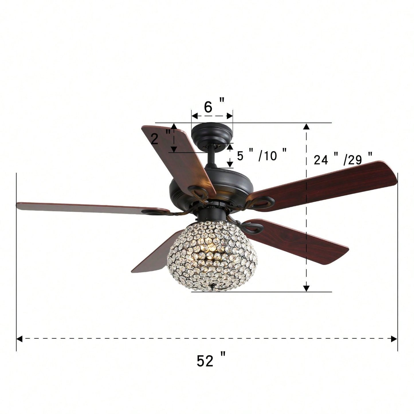 52 Inch Crystal Ceiling Fan With 3 Speed Wind 5 Plywood Blades Remote Control Reversible BLDC Motor