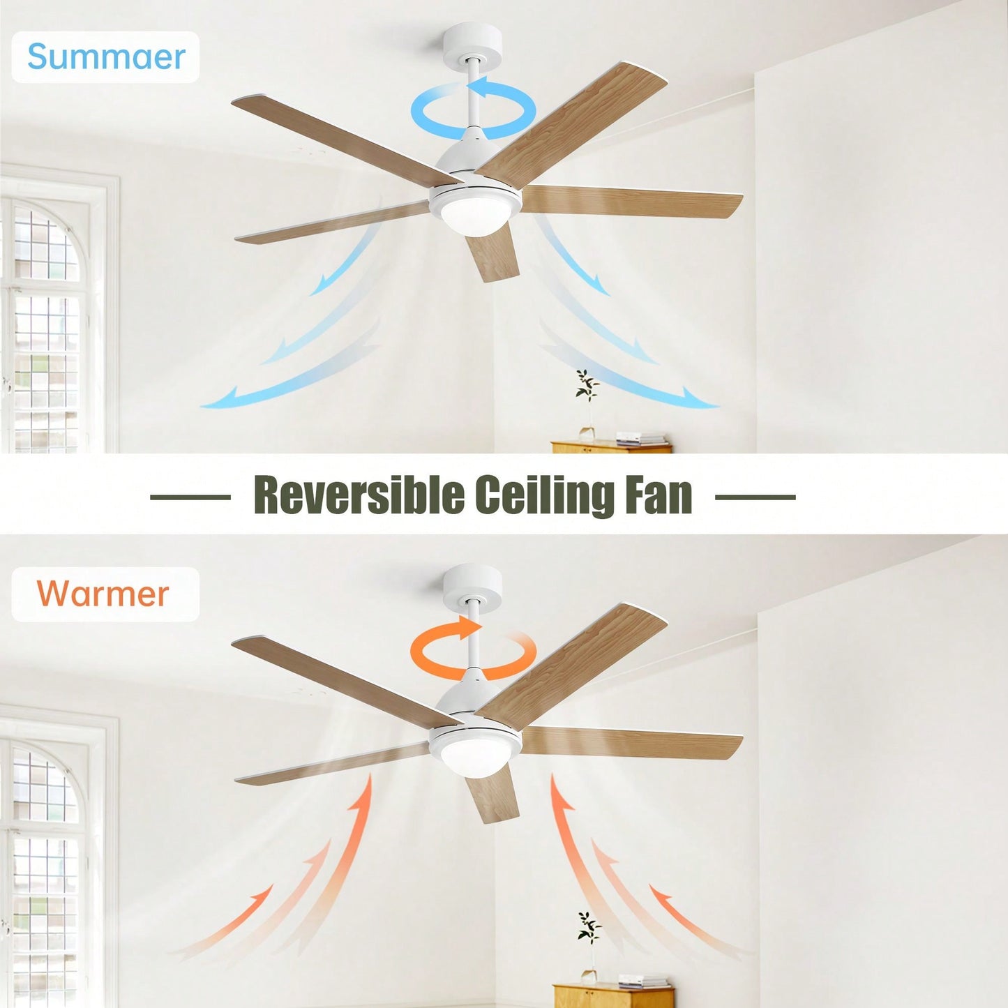 52 Inch Modern Led Ceiling Fan With 3 Color Dimmable 5 Plywood Blades Remote Control Reversible DC Motor White For Bedroom