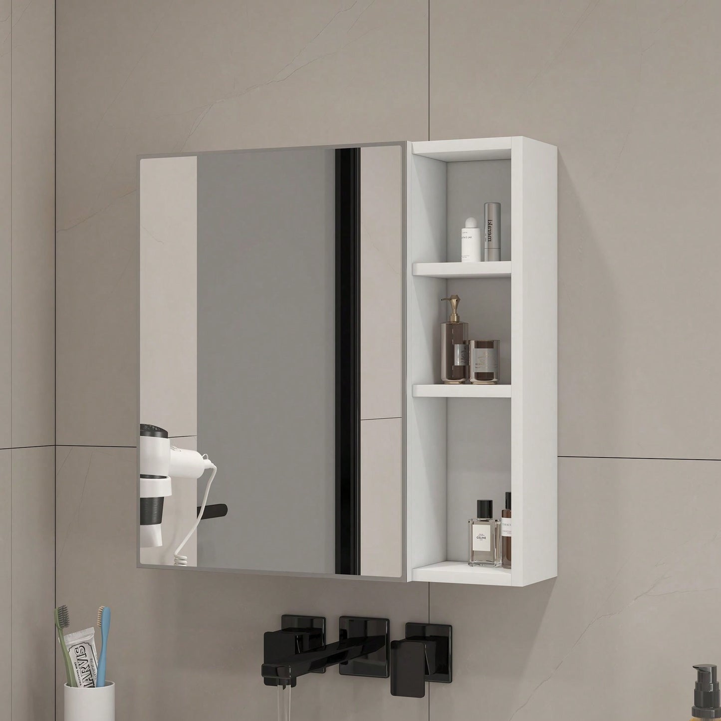 White MDF Material Mirror Cabinet, Bathroom Mirror, And A Separate Wall Mounted Bathroom Mirror For Storage And Space Saving.