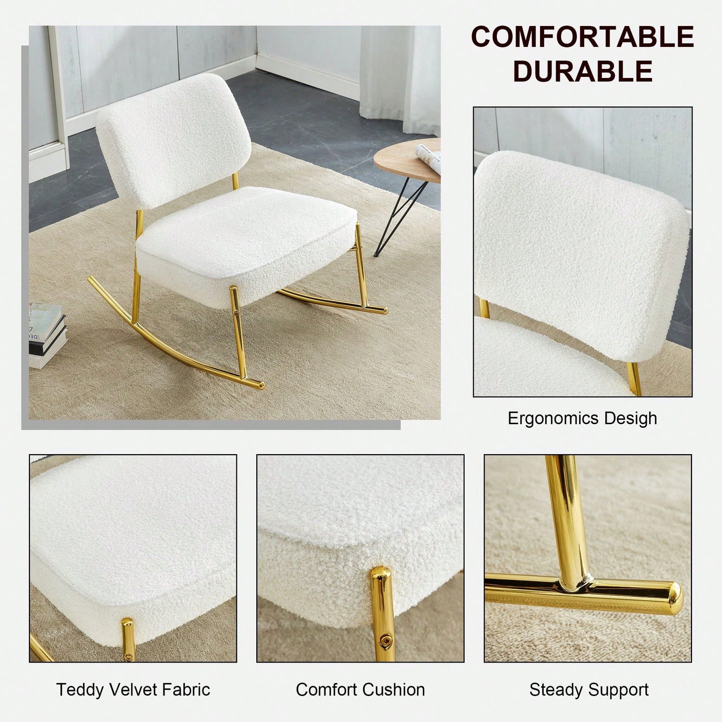 Cushioned Rocking Chair with Golden Metal Legs for Living Room Bedroom Office Comfort