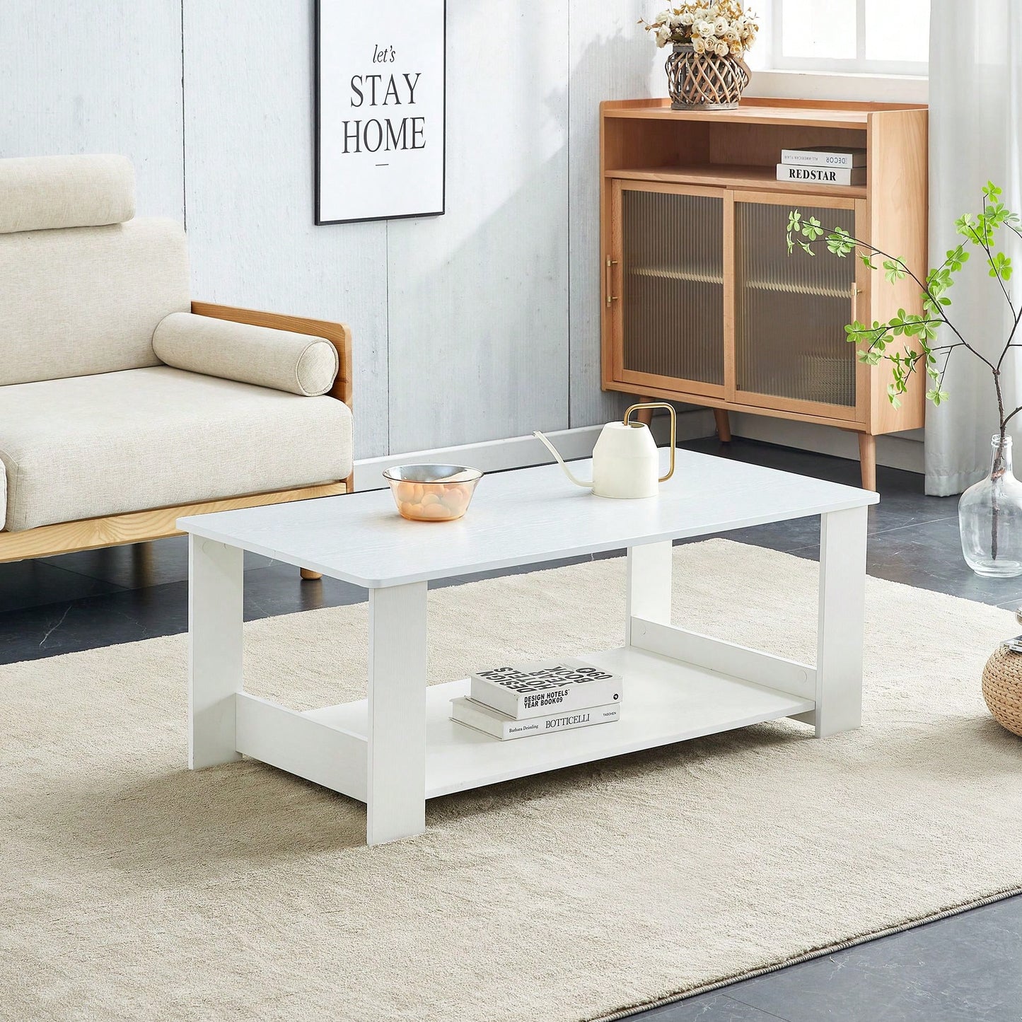 Modern Double Layer White MDF Coffee Table for Living Room Bedroom Study 43.3x21.6x16.5 Inches