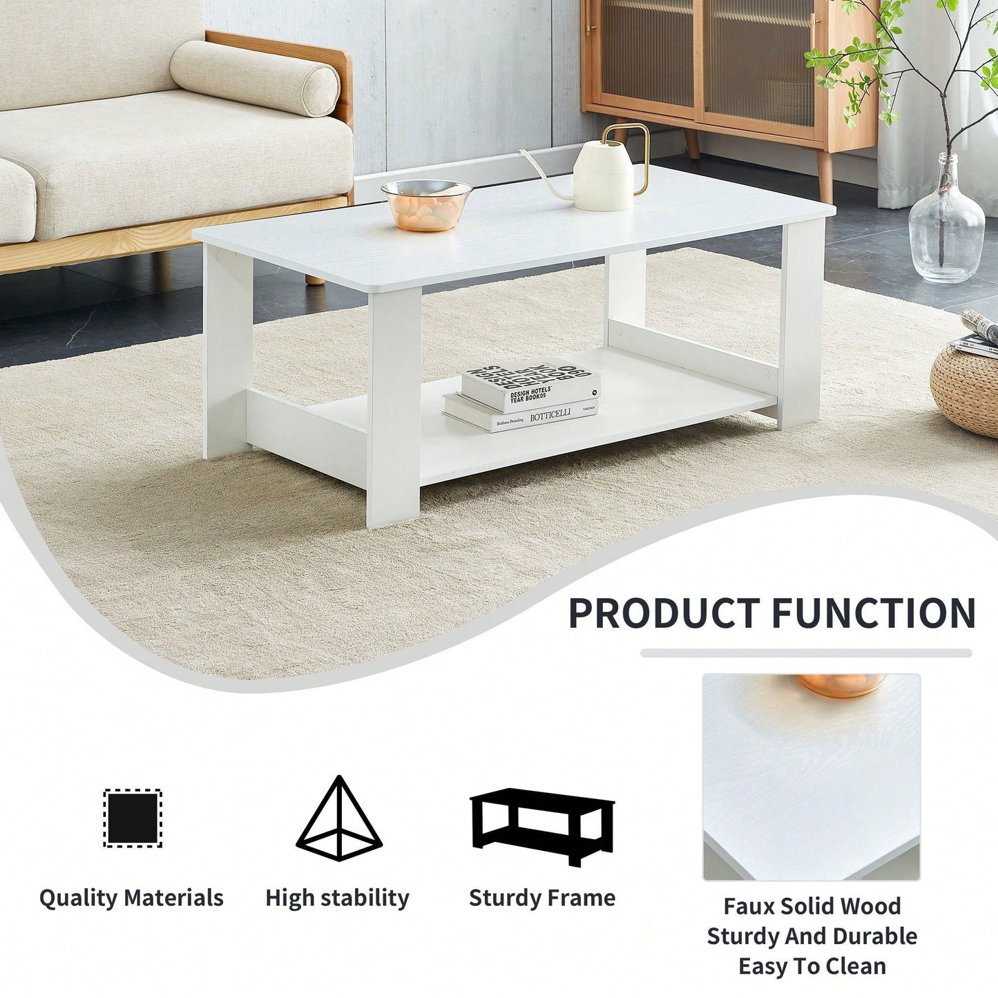 Modern Double Layer White MDF Coffee Table for Living Room Bedroom Study 43.3x21.6x16.5 Inches