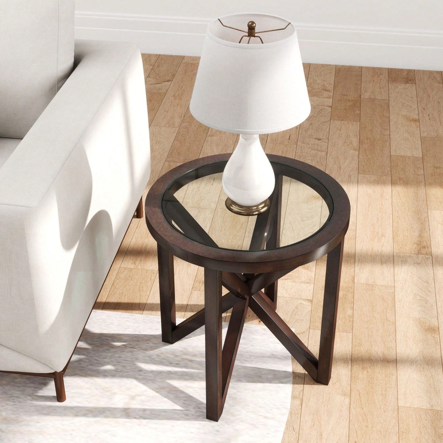 Modern Round Glass Coffee Table with Solid Wood Base for Living Room and Study