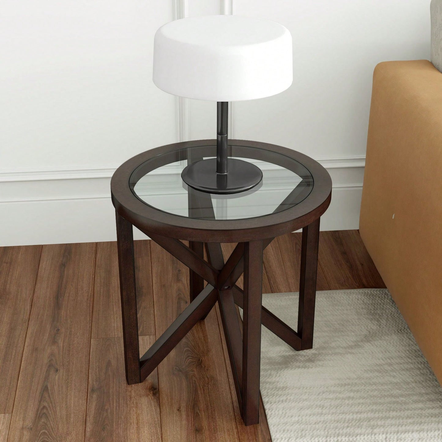 Modern Round Glass Coffee Table with Solid Wood Base for Living Room and Study
