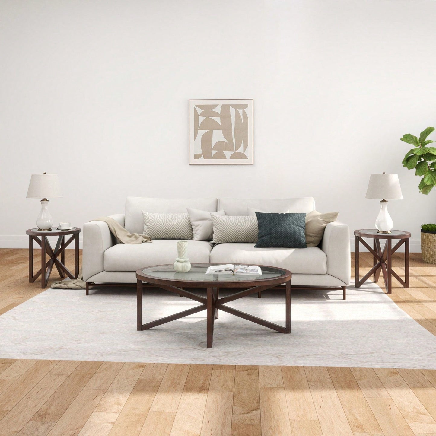 Modern Round Glass Coffee Table with Solid Wood Base for Living Room and Study