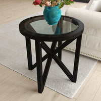 Modern Round Glass Coffee Table with Solid Wood Base for Living Room and Study
