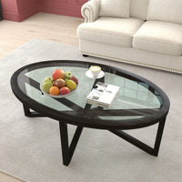 Modern Round Glass Coffee Table with Solid Wood Base for Living Room and Study