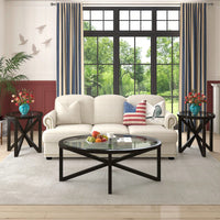 Modern Round Glass Coffee Table with Solid Wood Base for Living Room and Study